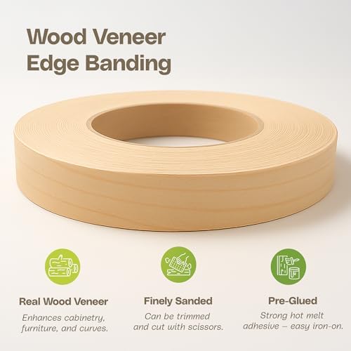 Edge Supply Maple Pre-Finished 1-1/4 in x 50 ft Roll with a Clear Lacquer UV Finish – Pre-Glued Iron On Real Wood Veneer Edging – Edge Banding Tape with Hot Melt Adhesive, Ideal for Furniture & DIY.