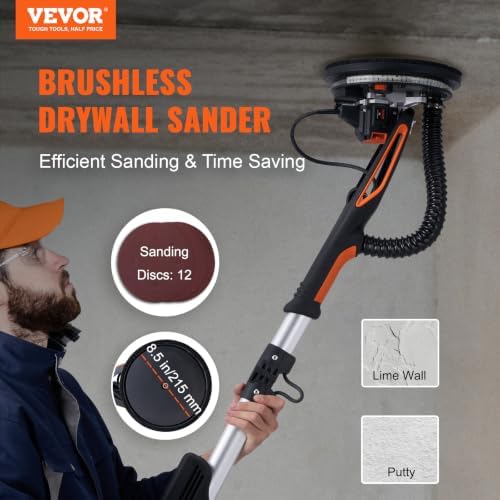 VEVOR Drywall Sander, 800W Brushless Motor Electric Sander, Variable Speed 1000-2300 RPM, Foldable Ceiling Sander with Double-Deck LED Lights, Extendable Handle, 12 Sanding Discs
