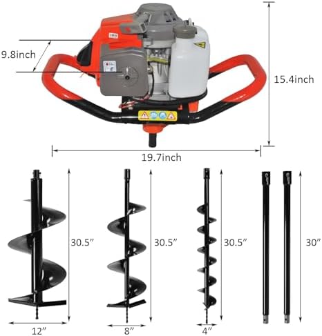 85cc 4HP Post Hole Digger Gas Powered, Gas Earth Auger/Ice Auger, with 3 Drill Bits 4"/8"/12" + 2 Extension Bar, One Man Earth Auger for Planting Fence, EPA Compliant Post Hole Auger