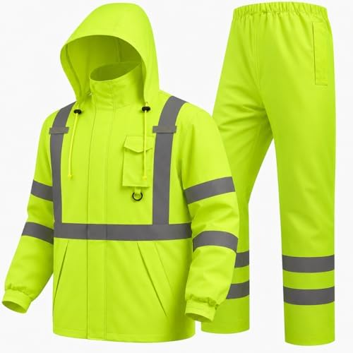 Hi Vis Class 3 Safety Rain Jacket for Men Waterproof, Reflective High Visibility Rain Gear Construction Rain Suit (Yellow L/XL)