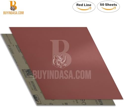 INDASA Rhynowet Red Line Wet Dry Sanding Sheets 9 x 11 Inch 2000 Grit Waterproof Latex Backing Abrasive Paper for Wood Metal Automotive Surface Prep Pack of 50