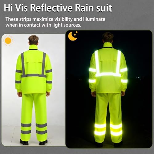 Hi Vis Class 3 Safety Rain Jacket for Men Waterproof, Reflective High Visibility Rain Gear Construction Rain Suit (Yellow S/M)
