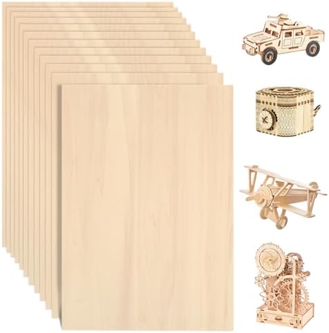 12 Pack Basswood Sheets for Crafts 12"x16"x1/8", 3mm Thick Plywood Sheets Board for Craft, Unfinished Wood Sheet for Laser Cutting & Engraving, Wood Burining, Painting, Staining，Architectural Model