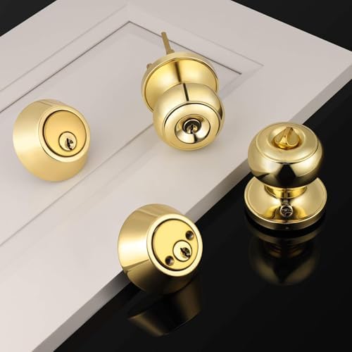 4 Pack Round Polished Brass Entry Door Knobs and Deadbolt Combination Set, Double Cylinder Deadbolt Door Lock Set, Keyed Alike, ANSI Grade 3 Security, 250,000 Cycles