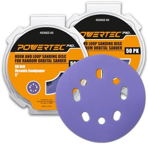 POWERTEC PRO 100PK, 5 Inch Sanding Discs Hook and Loop, 60 Grit, Zirconia Orbital Sander Sandpaper for 5 & 8 Hole Random Orbital Sanders - Automotive, Paint, Metal, Woodworking (45306Z-50-P2)