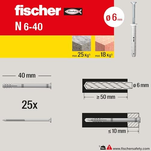 Fischer 508273 Extension dowels to Knock N 6x40 Y, Percussion Fixing with pre-Assembled Nail for Full, semi-Filled and Concrete, 25 Pieces per Pack, Grey, 6X40 MM