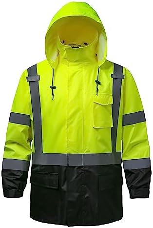 Reflective Rain jackets for men waterproof,Hi Vis Safety Coat With Reflective Strips，High Visibility Class 3 Rain jackets With 2 large pockets，Zipper,Black Bottom Lime,SM/MD
