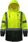 Reflective Rain jackets for men waterproof,Hi Vis Safety Coat With Reflective Strips，High Visibility Class 3 Rain jackets With 2 large pockets，Zipper,Black Bottom Lime,LG/XL