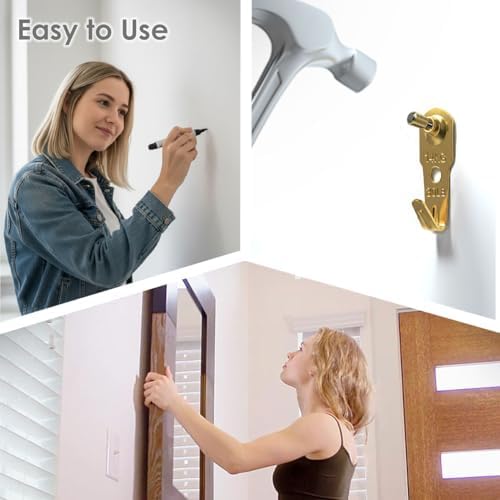 Picture Hangers, Extra Thick, 30 lb, for Decorative Drywall & Plaster Walls - Small Nails for Painting, Frame Hooks to Hang for Hanging, 80 pcs, Gold