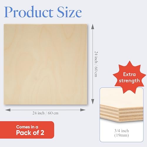 Baltic Birch Plywood 24 x 24 x 3/4 Inch - 18 mm Craft Wood, Pack of 2 B/BB Grade, Stronger Than Basswood Sheets or Balsa Wood, Perfect for Laser, CNC Cutting, Wood Shelves, by Woodpeckers