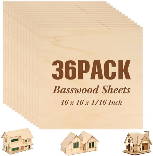 Riakrum Basswood Sheets Plywood Board Unfinished Wood Boards for Crafts for DIY Laser Projects Architectural Mini House Building Hobby Model Making(16 x 16 x 1/16 Inch,36)