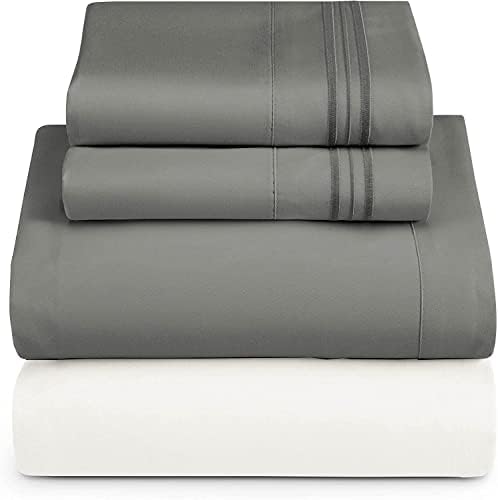 Nestl Queen Sheets Set - 4 Piece Queen Bed Sheets, Extra Soft, Double Brushed Bedding for Queen Size, 2 Tone White/Grey Set, White Fitted Sheet, Grey Flat Sheet, Grey Pillow Case