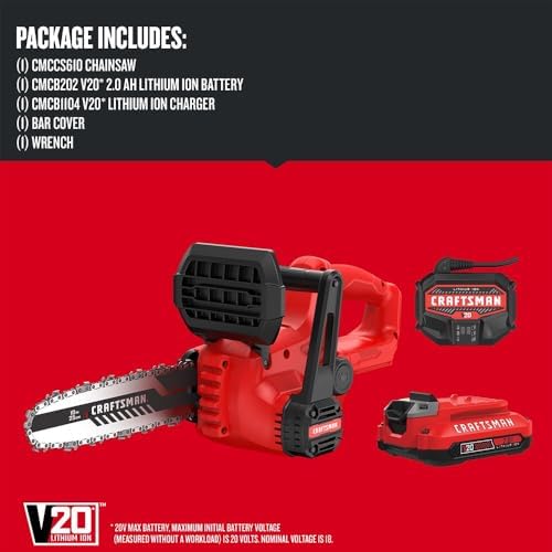 CRAFTSMAN Mini Chainsaw, 10 inch Mini Chainsaw Cordless, Electric Chain Saw, V20 Battery and Charger Included, Handheld Tree Trimmer Wood Cutter (CMCCS610D1)