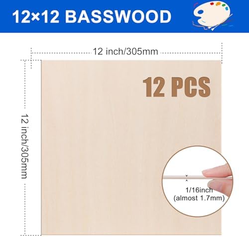 12 Pack Basswood Sheets 1/16"x12"x12", Balsa Wood Sheet for Laser Cutting and Engraving,Thin Plywood Board Unfinished Wood for Crafts, DIY Ornaments and Architectural Model, Wood Burning.