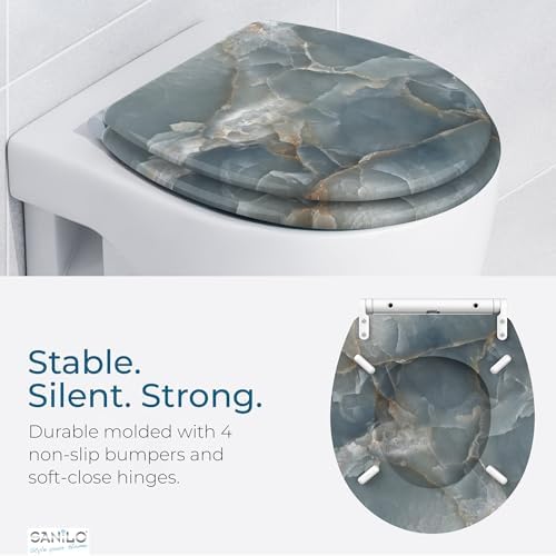 Sanilo Wooden Toilet Seat with Quick Release & Soft Close [ROUND] - Decorative & Slow Close Molded Wood Seat - With One Click for Easy Installation & Cleaning - With Adjustable Fit (Marble Italia)
