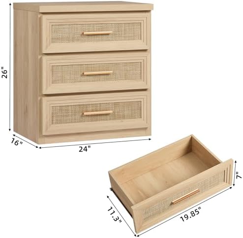 RWYHG Rattan Nightstands Set of 2 Wood 3 Drawer 26" Tall Gold Handle