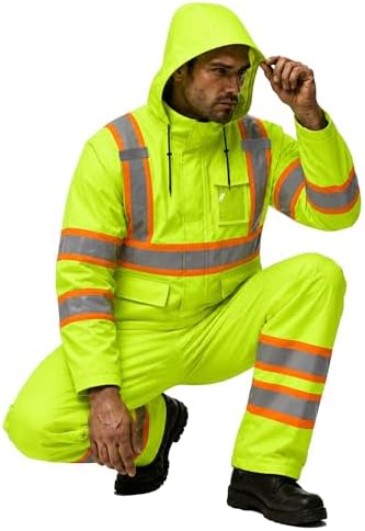 FATONE Rain Suits for Men Waterproof Reflective High Visibility Rain Gear Mens Heavy Duty, Hi Vis Rain Jacket & Pants with Inner Mesh Class 3 ANSI/ISEA Compliant, Lime S/M
