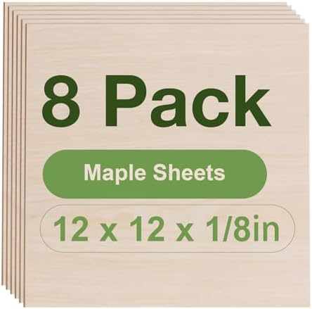 Rowood 8 Pack Maple Plywood 1/8,12x12x1/8inch,3mm Wood Sheets Thin Unfinished Maple Plywood for Laser Cutting and Engraving,DIY Adult Craft Project Kits for Ornaments, Models Drawing,Wood Burning