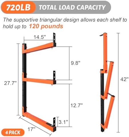 27" Lengthened Lumber Storage Rack, 6-Hole Adjustable Wall Mount Wood Organizer Storage Metal Shelves for Garage (4 Pack)