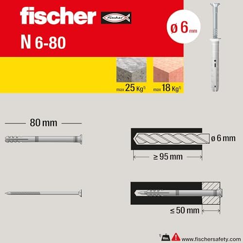 fischer 508275 Extension Dowel for Knocking N 6x80 Y, Impact Fixing with pre-Assembled Nail for Full, semi-Filled and Concrete, 25 Pieces per Pack, Gray, 6X80 MM