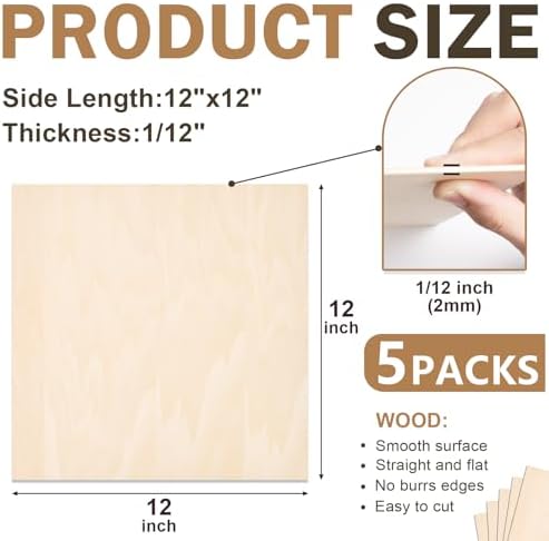 5 Pack Basswood Sheets for Crafts,12"x12"x1/12 2mm Thick Plywood Sheets with Smooth Surfaces-Unfinished Squares Wood Boards for Laser Cutting, Wood Burning, Architectural Models, Staining