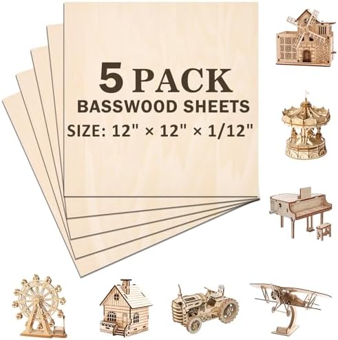 5 Pack Basswood Sheets for Crafts,12"x12"x1/12 2mm Thick Plywood Sheets with Smooth Surfaces-Unfinished Squares Wood Boards for Laser Cutting, Wood Burning, Architectural Models, Staining