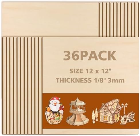 Adrattnay Basswood Sheets 3mm - 1/8 x 12 x 12inch, 36pcs Square Laser Basswood Plywood for Laser Cutting & Engraving DIY Crafts, Wood Burning, Painting, Architectural Model Building
