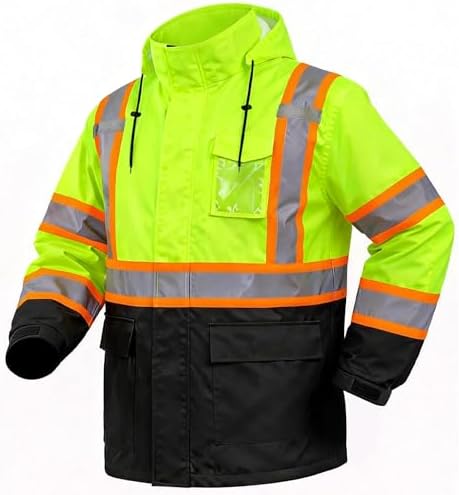 FATONE Hi Vis Rain Jacket Waterproof Class 3 High Visibility Rain Gear for Work Reflective, Safety Rain Coats for Men with Black Bottom Lightweight, Yellow (L/XL)