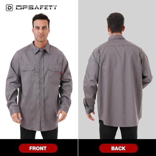 FR Shirt 7oz Fire Resistant Shirts Men's,CAT2 Welding Shirt 100% Cotton Flame Resistant Shirts Gray (Large)