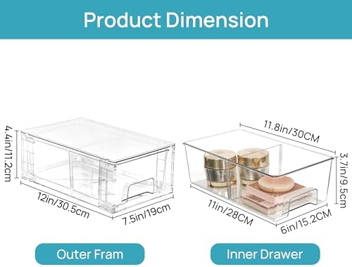 Vtopmart 6 Pack Stackable Storage Drawers,Clear Acrylic Drawer Organizers with Handles, Easily Assemble Containers for Fridge, Bathroom,Kitchen Undersink,Cabinet,Pantry Organization and Storage