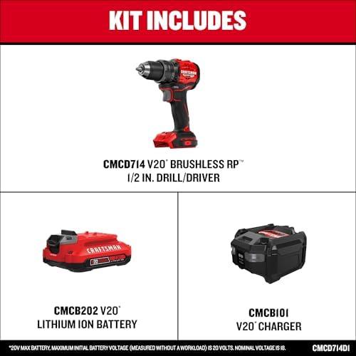 CRAFTSMAN V20 BRUSHLESS RP Compact Drill/Driver, Variable Speeed Trigger, Built In LED, Includes Battery and Charger (CMCD714D1)