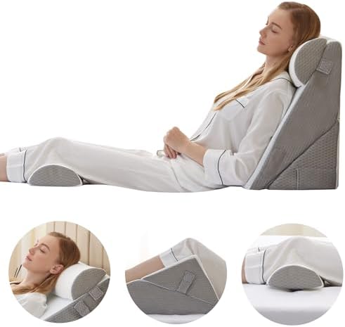Bedluxe Adjustable 4pcs Bed Wedge Pillow Set, Memory Foam Wedge Pillows Post Surgery for Back, Neck, Leg Pain Relief, Pillow Wedge for Sleeping, Sitting up in Bed, Acid Reflux and GERD, White/Grey