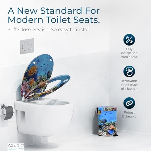 Sanilo Wooden Toilet Seat with Quick Release & Soft Close [ROUND] - Decorative & Slow Close Molded Wood Seat - With One Click for Easy Installation & Cleaning - With Adjustable Fit (Ocean)