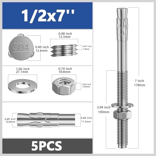 Wensilon 5Pcs 1/2x7 Inch Standard Fasteners for Heavy-Duty 304 Stainless Steel Wedge Anchors for Cement and Concrete