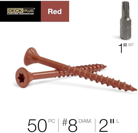 Deck Plus 2 Inch Epoxy Coated Exterior Wood and Fence Screws #8 x 2 Torx/Star Drive Included Coarse Thread, Outdoor Rust Resistant Decking Screw, Red, 50 Pieces | 42598