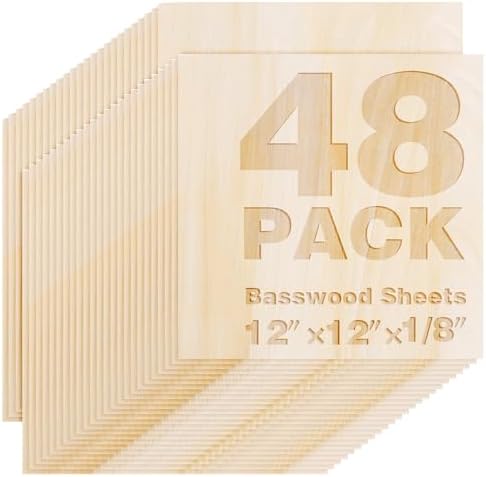 48 Pack Basswood Sheets 12"x12"x1/8", 3mm Basswood for Laser Cutting, Thin Plywood Board Unfinished Wood for Crafts, DIY Architectural Models Making, Wood Engraving, (48Packs-12inchx12inch)