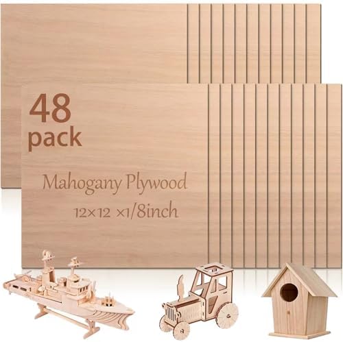 48 Pcs Mahogany Plywood Sheets,12 x 12 x 1/8 Inch - 3mm Thick Mahogany Unfinished Wood for Crafts Laser Cutting & Engraving, School DIY Projects, Painting, Fretwork, CNC Cutting, Wood Burning