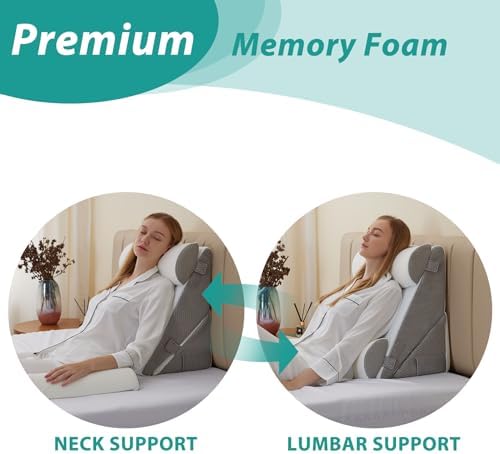 Bedluxe Adjustable 4pcs Bed Wedge Pillow Set, Memory Foam Wedge Pillows Post Surgery for Back, Neck, Leg Pain Relief, Pillow Wedge for Sleeping, Sitting up in Bed, Acid Reflux and GERD, White/Grey