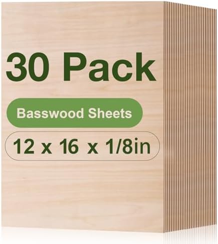 Rowood 30 Pack Plywood Basswood Sheets,12x16x1/8inch,3mm Basswood for Laser Cutting,Adult Craft Kits,Thin Plywood Board Unfinished Wood,DIY Ornaments and Architectural Model