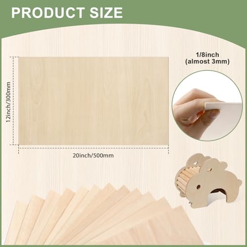 10 Pack Basswood Sheets 1/8x12x20 Inch, Unfinished Wood for Crafts, 3mm Basswood for Laser Cutting & Engraving, Wood Burining,Architectural Models, Plywood for Painting.