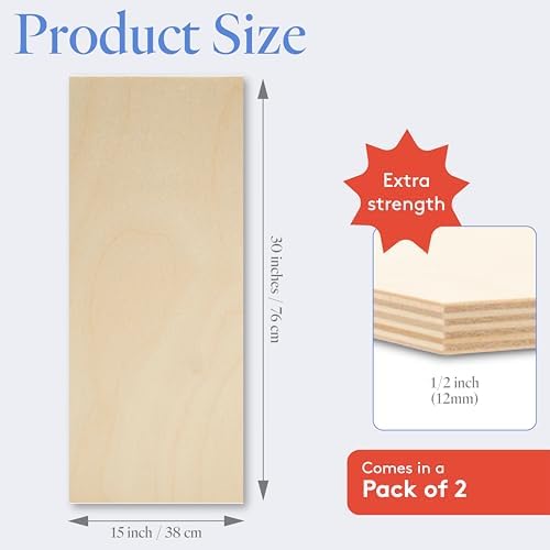 Baltic Birch Plywood by Woodpeckers - 15 x 30 x 1/2 Inch (12 mm) Craft Wood, Pack of 2 B/BB Grade, Stronger Than Basswood or Balsa Sheets, Perfect for Laser, CNC Cutting, Shelves