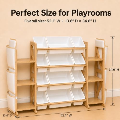 Toy Storage Organizer for Kids, 12 Bins, 2 Bookshelves & 2 Book Pockets
