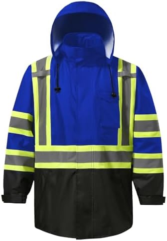 Reflective Rain jackets for men waterproof,Hi Vis Safety Coat With Reflective Strips，High Visibility Class 3 Rain jackets With 2 large pockets，Zipper,Blue,2XL/3XL