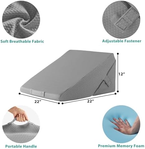 Bedluxe Wedge Pillow for Sleeping, Adjustable 9&12 Inch Foldable Bed Wedge Pillow Set, Orthopedic Memory Foam Triangle Pillows Wedge, 7-in-1 Elevated Pillows for Leg and Back Support, Grey
