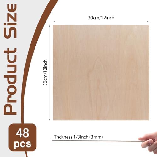 48 Pcs Baltic Birch Plywood,12 x 12 x 1/8 Inch - 3mm Thick Birch Unfinished Wood for Crafts Laser Cutting & Engraving, School DIY Projects, Painting, Fretwork, CNC Cutting, and Wood Burning