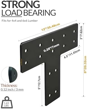 6 Pcs Ultra-Thick T Post Bracket, 12" x 8" Extreme Weatherproof Flat Mending Plate, Heavy Duty Structural Connector for 4x4 6x6 Lumber, Outdoor Pergola, Cabin & Deck Timber Framing