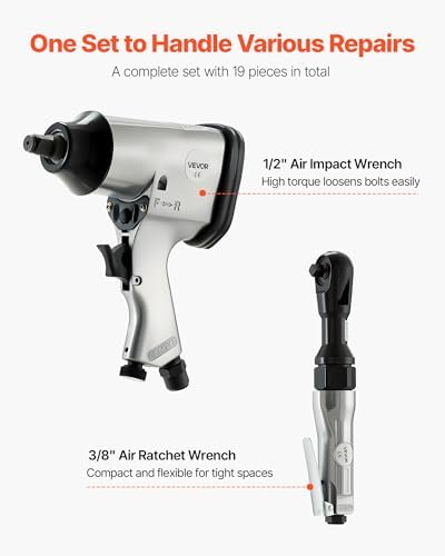 VEVOR 1/2" Air Impact Wrench & 3/8" Ratchet Wrench Combo, 19 Pieces Pro Air Tool and Accessories Kit - Includes 10PCS CR-V Steel Impact Socket Set & Carrying Case for Auto Repair, Home DIY Projects
