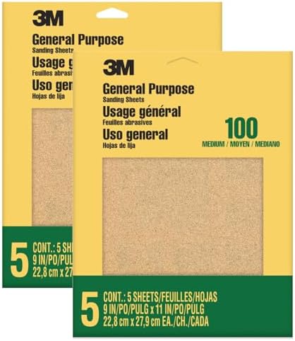 3M Sandpaper, 100 Grit, 5 Sheets, 9 in x 11 in, Sands Paint, Wood & Metal, Great for General Purpose Sanding, Medium Aluminum Oxide Sand Paper (9002NA-20), 2-Pack