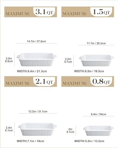 MALACASA Casserole Dishes for Oven, Ceramic Baking Dishes Set of 4, White