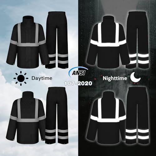 TCCFCCT Class 3 Reflective Rain Suits for Men - Waterproof Lightweight Pants With Hood, High Visibility Gear for Safety Work & Outdoors, Durable, 2XL-3XL Black P
